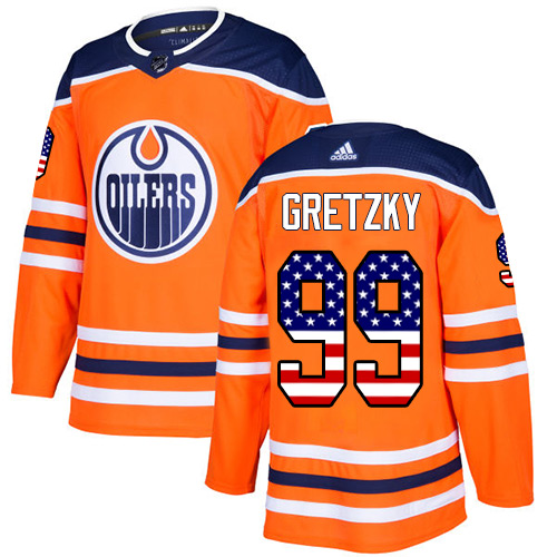 Adidas Oilers #99 Wayne Gretzky Orange Home Authentic USA Flag Stitched Youth NHL Jersey - Click Image to Close